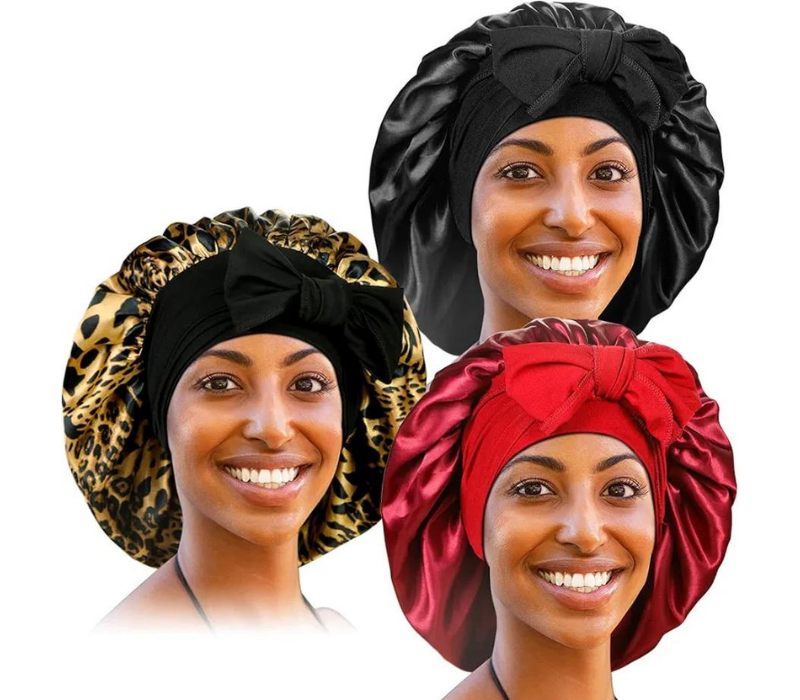 3 Pieces Adjustable Silky Sleep Bonnet With Tie Band Straps - Extra Large